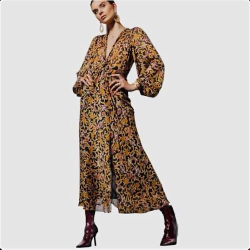 Zara Floral Print Long Sleeve Maxi Dress in Mustard and Black